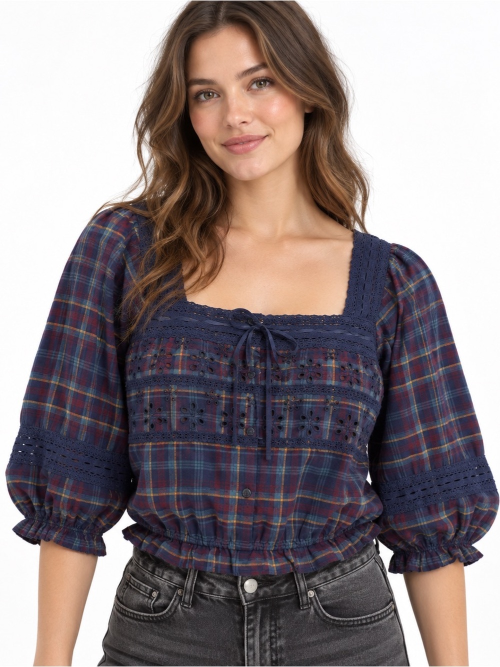 American Eagle Plaid Lace Puff-Sleeve Prarie Blouse Shirt Eyelet Crochet Navy Sm